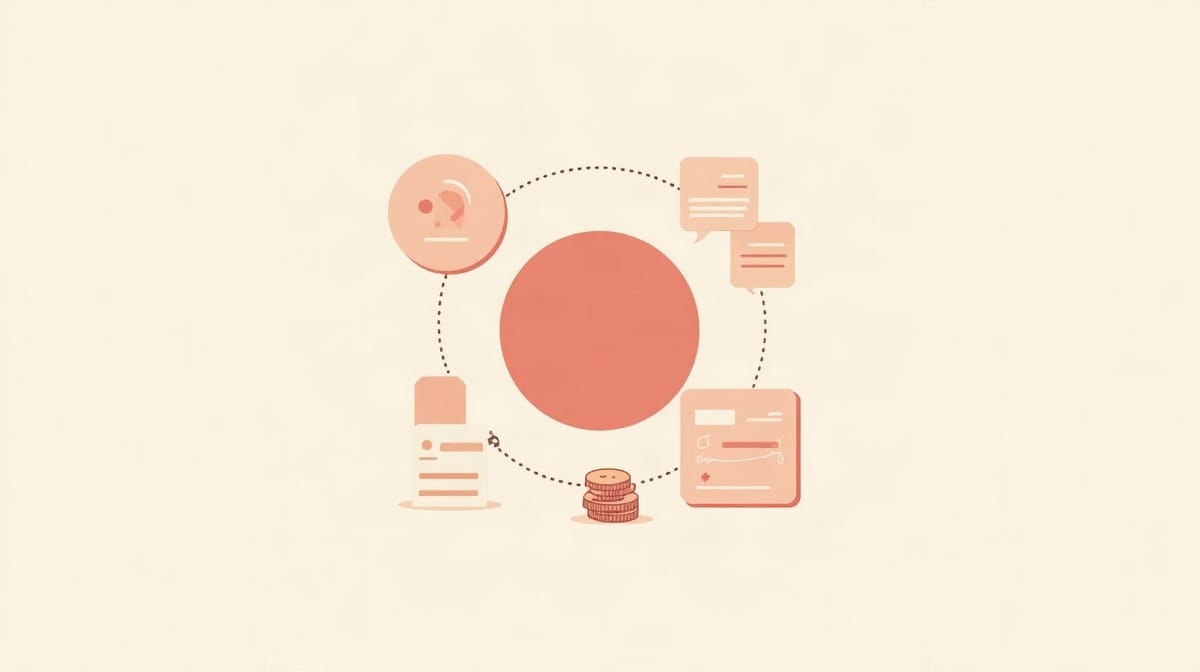 Illustration : cercle corail relié à des documents, un calendrier et une pile de pièces