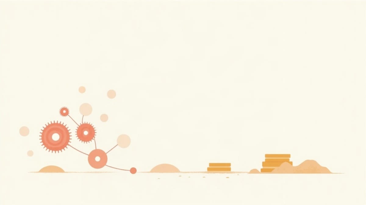 Illustration : rouages reliés par des lignes et piles de pièces, sur fond sable